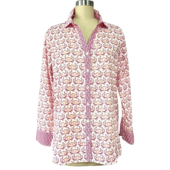 Crab Print Cotton Voile Beach Shirt Pink Coastal Summer Button Down Small